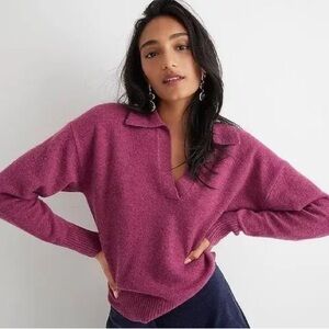 J.CREW Cranberry Merino Wool Alpaca Collared V-Neck Sweater M